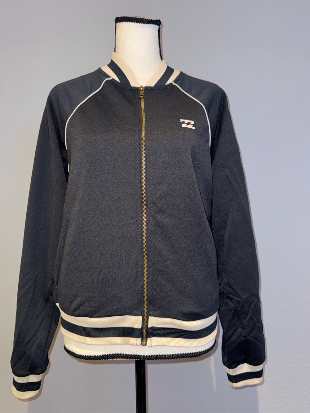 Billabong Black and White Striped Zip-Up Bomber Jacket